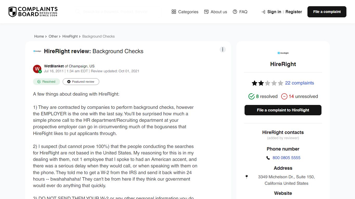 [Resolved] HireRight Review: Background Checks - ComplaintsBoard.com